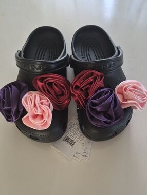 Black Crocs-Style Clogs with Pink, Purple & Red Flower Accents